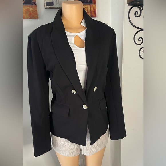SOHO BLAZER BLACK WITH PEARLS FLOWERS BOTTOMS SIZE L 100% EXCELLENT CONDITIONS - Picture 4 of 7